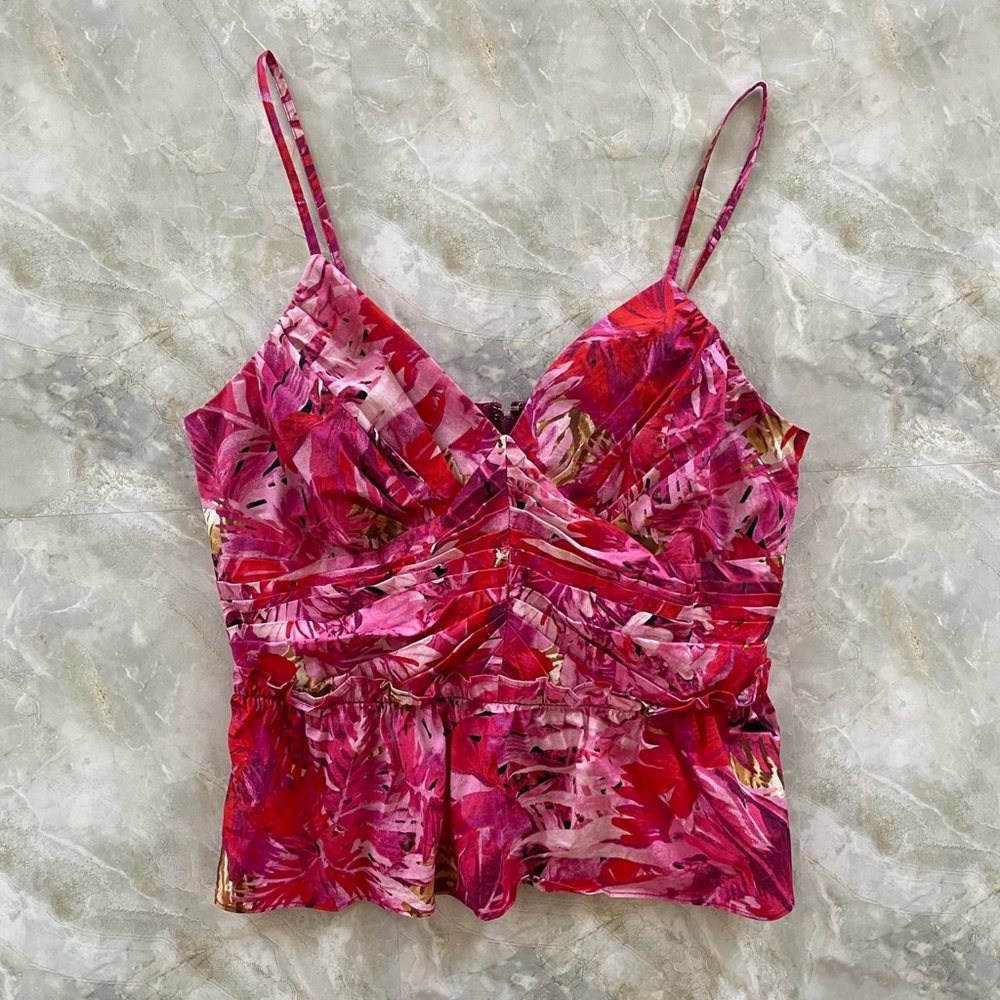 WHBM Floral Adjustable Strap Top With Optional Halter Tie & Ruched Detailing